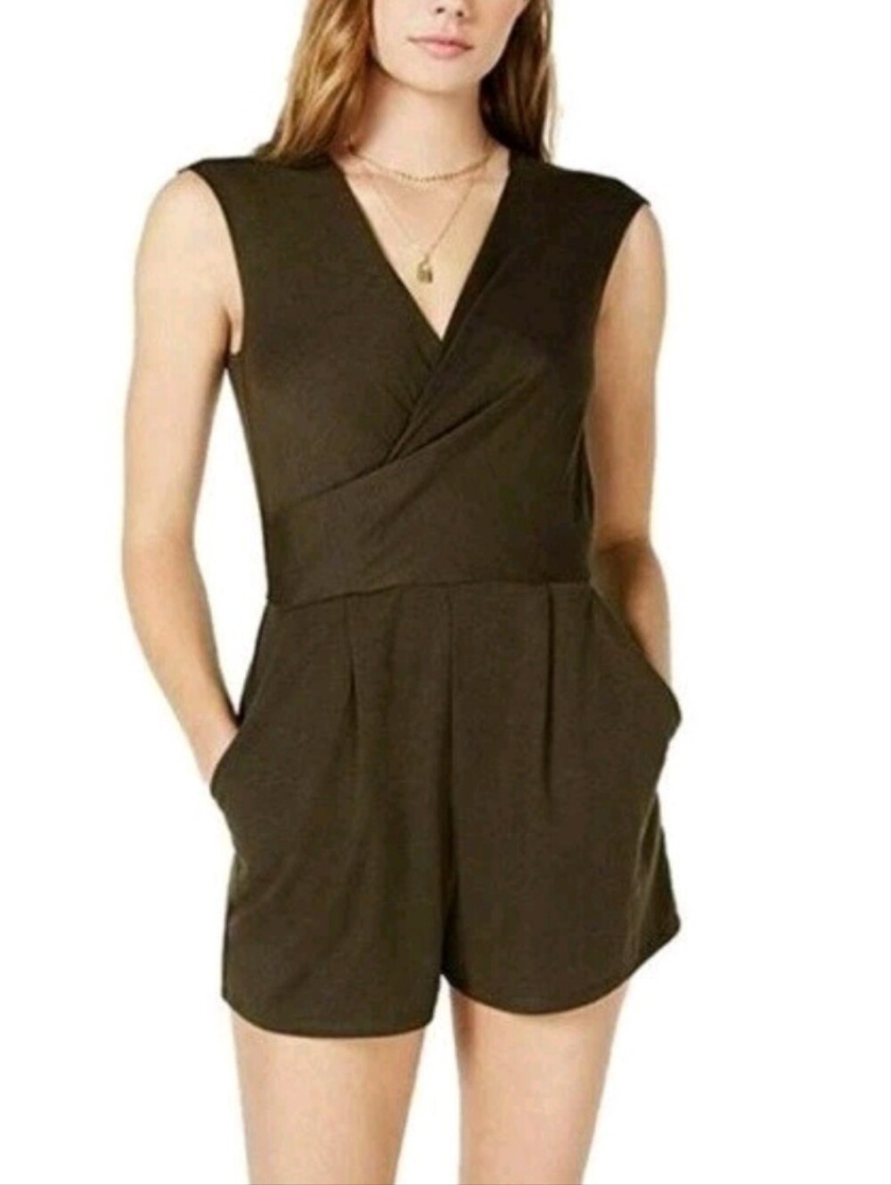 Olive Sleeveless V-Neck Romper with Pockets Size Small
